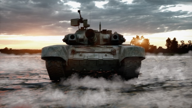 3d render heavy military tank driving through the water in the field of battle