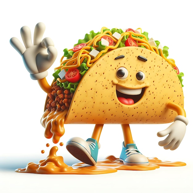 Photo 3d render hilarious taco waving with its filling spilling