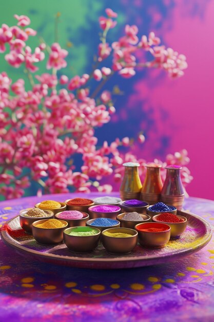 Photo a 3d render of a holi thali traditional plate arranged with small containers of holi colors and sp