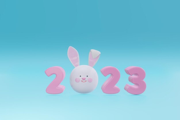 Photo 3d render holiday numbers 2023 with bunny ears on a blue background