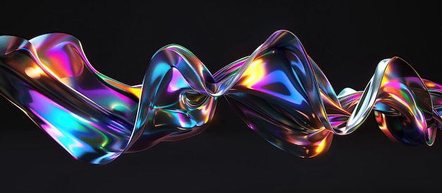 3D render Holographic liquid metal wavy shape isolated on black background a fluid abstract metallic