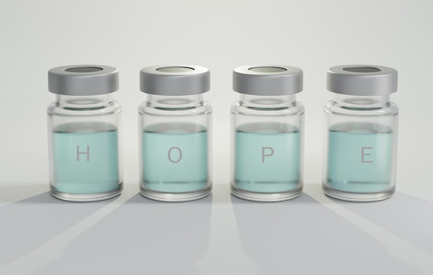 3D render of HOPE on Vaccine vails Concept about Human hope and the global fight against covid19 epidemics