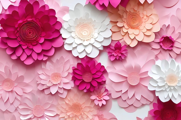 3d render, horizontal floral pattern. Abstract cut paper flowers isolated