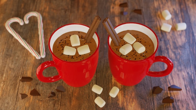 3d render hot cocoa with marshmallows cinnamon and candy canes\
classic comfort food for cold weather