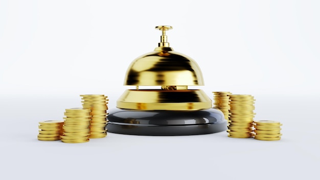 Photo 3d render of hotel bell with stack of coins isolated on white background