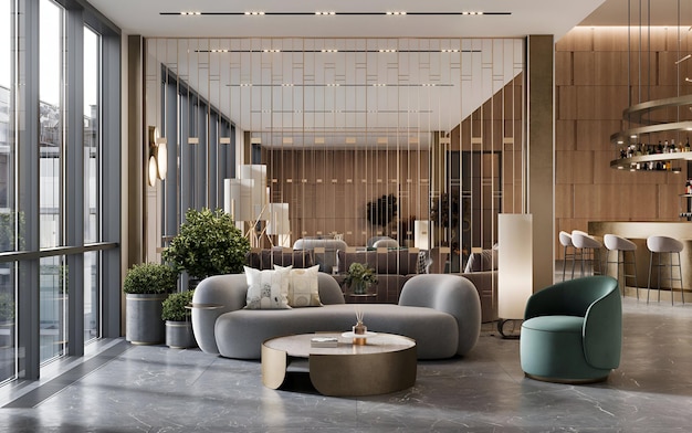 3d render of a hotel waiting lounge with sofa and armchair