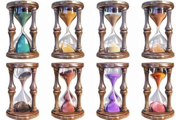 A 3D render of a hourglass sand clock and time icons Vintage glossy watch countdown hours and minutes Illustration in 3D