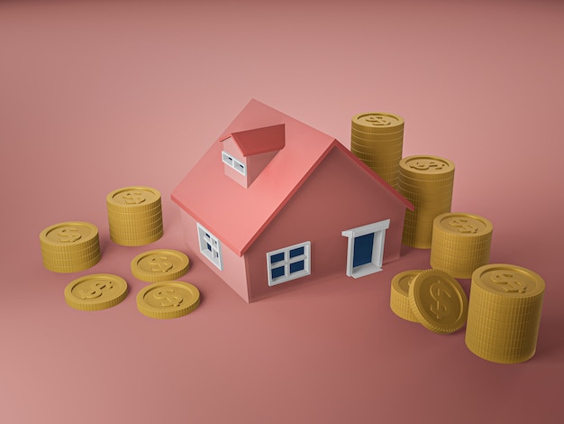 Photo 3d render of house and golden coin on pink floor