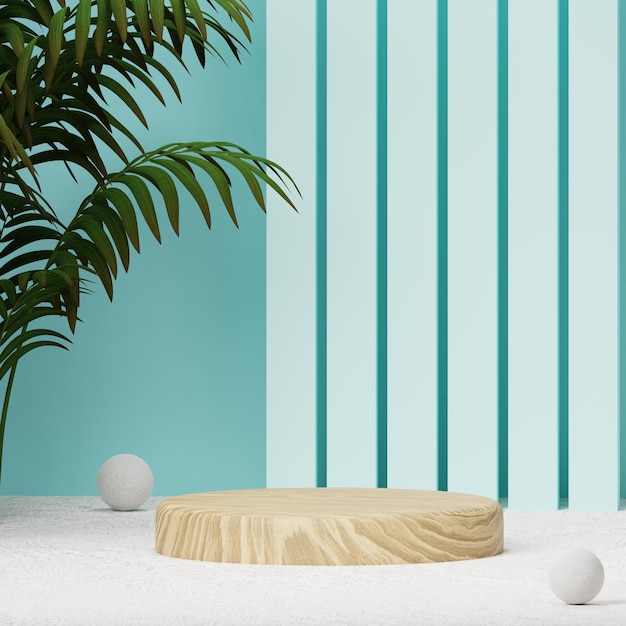 3D Render Houten Podium Met Pastel Blauwe Achtergrond