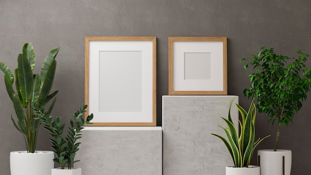 3d render, huisdecoraties met mock up frames op marmeren podium en kamerplanten potten op zolder muur achtergrond, 3d illustratie