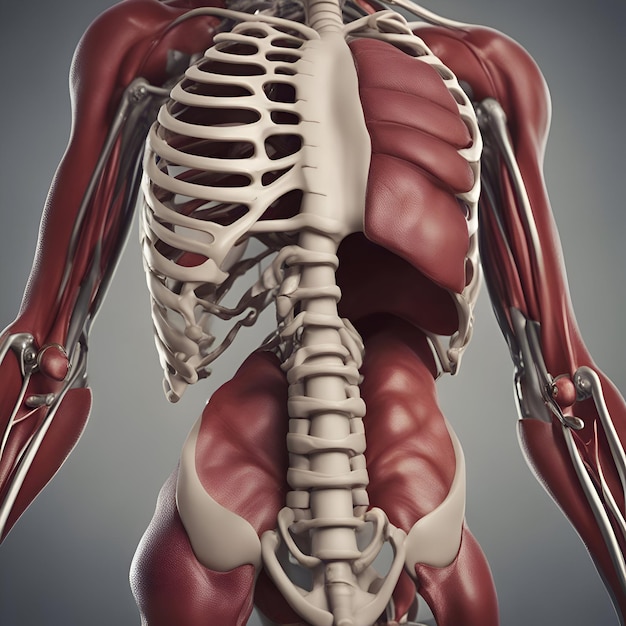 3D render of a human body anatomy back view with highlighted skeleton