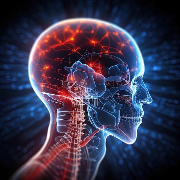 Foto rendering 3d del cervello umano in stile raggi x sullo sfondo blu scuro