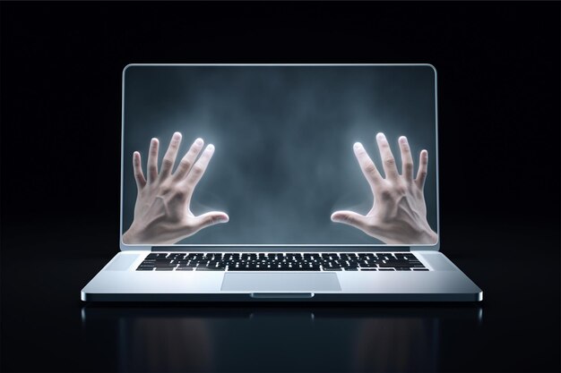 3d render of human hands typing on laptop