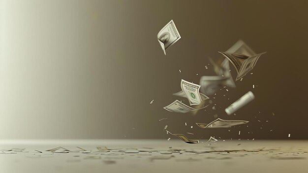 Photo 3d render of hundred dollar bills falling to the ground the background is a solid color and the money is scattered in the foreground