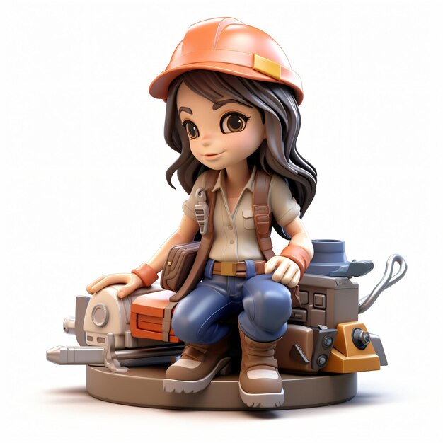 Photo 3d render icon of girl mechanic cartoon plastic generated ai