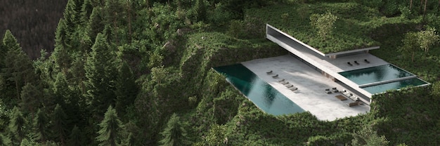 Foto 3d render illustratie minimale architectuur ontwerp natuur landschap panoramisch uitzicht