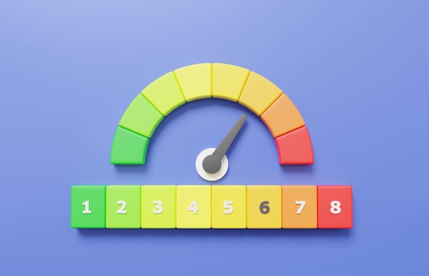 3D render illustratie Nummer zes snelheidsmeter pictogram infographic pijl punt schaal snelheid hoge status rood Prestaties aanwijzer beoordeling risico niveaus meter toerenteller op paarse achtergrond