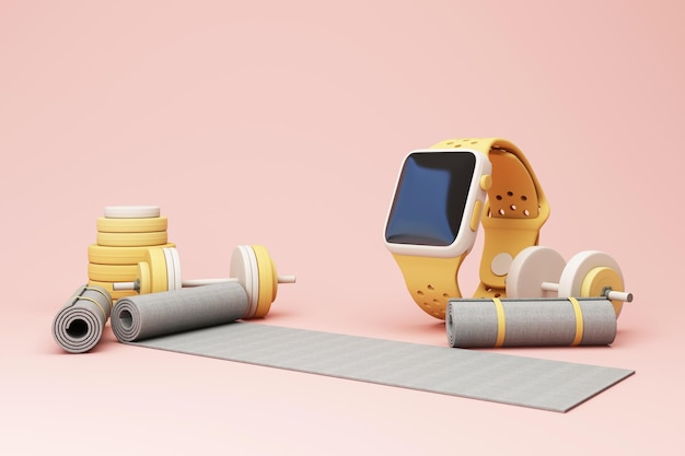 Foto 3d render illustratie sport fitness apparatuur mannelijke en vrouwelijke concept yoga mat dumbbells gewichten met fitness schoenen en pols horloges isoleren op pastel achtergrond 3d render