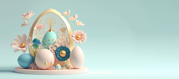 3D Render illustratie van Happy Easter Celebration Banner met eieren en bloemen