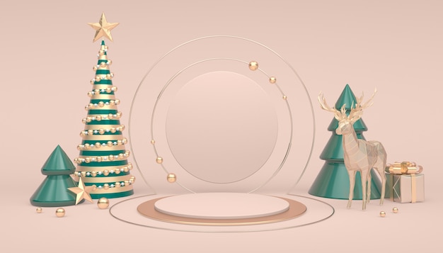 3D render illustratie van kerst sjabloon met boom herten en cadeau
