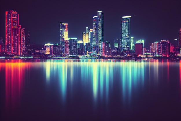 3D render illustratie van nacht futuristische stad met neon lignts en reflectie op water
