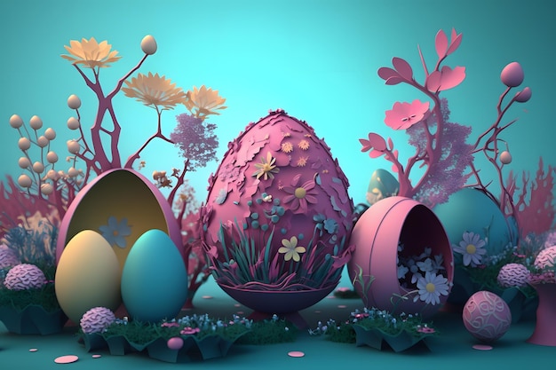 3D render illustratie van paaseieren en bloemen met een sprookjesthema