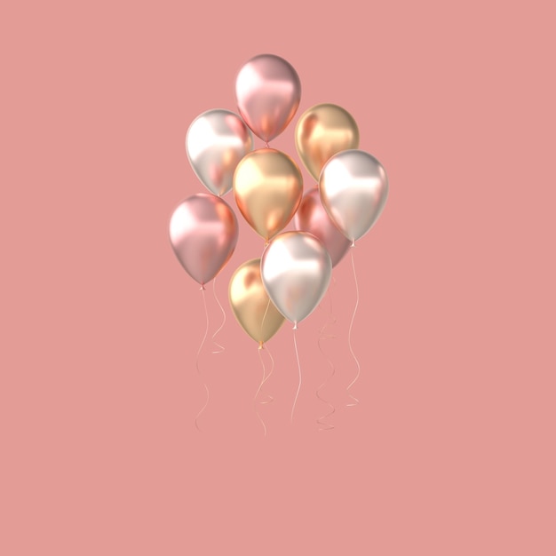3D render illustratie van realistische glanzende roze gouden zilveren ballonnen geïsoleerd op roze background
