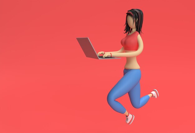 3D render illustratie van schattig meisje werken met behulp van laptop op een rode achtergrond.