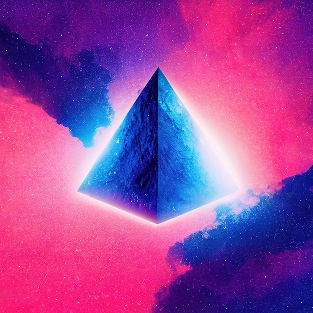 3D render illustratie van trendy kosmische kristallen geometrische vorm piramide in paarse kleur Polygon diamant of kristal poster