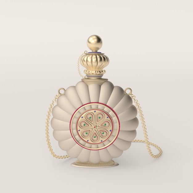 3D render illustratie van vintage versierde gouden kolf met patronen edelstenen en ketting