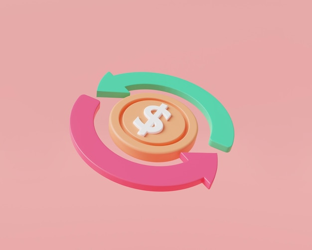 3d render illustration of 3d icon coin money refund with
transfer arrow icon isolated on pink background cashback online
payment money transfer coin dollar finance money digital cartoon
minimal