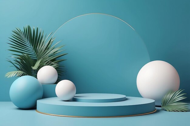 3d render illustration of abstract geometric composition podium with palm leaves and spheres on blue background