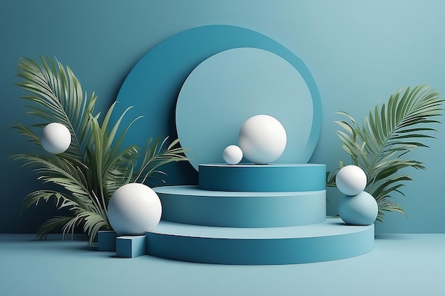 3d render illustration of abstract geometric composition podium with palm leaves and spheres on blue background