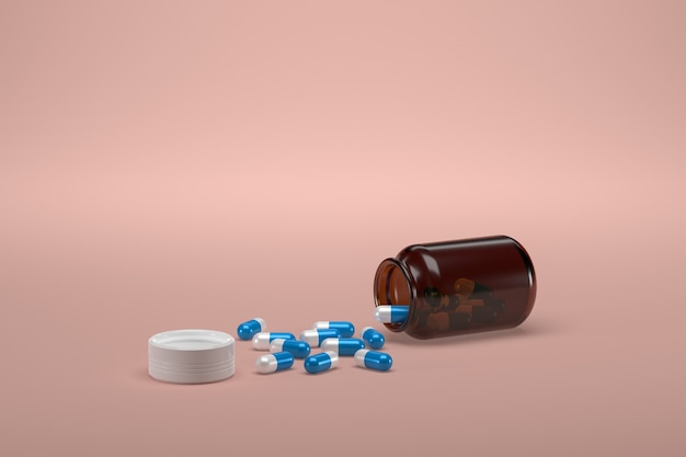 3d render illustration. Bottle of capsules of medicine or food supplement. With copyspace