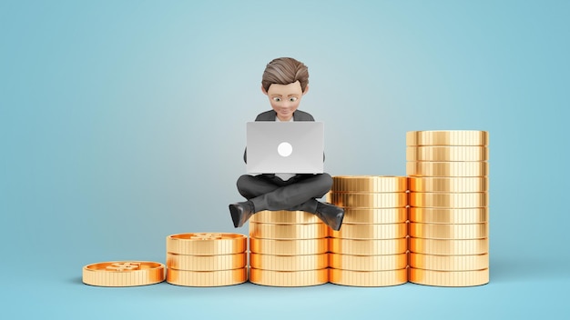 3D визуализация иллюстрации бизнесмена с ноутбуком и сиденьями на стопке монет