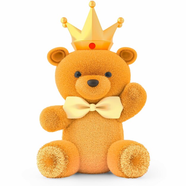 3d render illustration of a cute stuffed toy bear with gold crown on white background