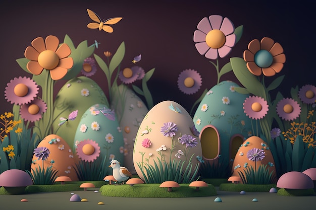 동화 테마로 부활절 달걀과 꽃의 3d 렌더링 그림
