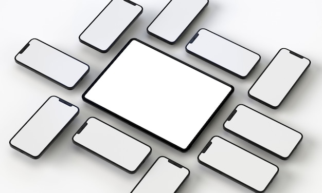 3dレンダリングイラスト一般的な電話のモックアップと白いデザインのタブレットハイキーiphoneiPad