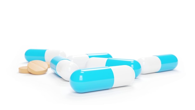 3D рендеринг иллюстрации группы капсульных таблеток лекарства медицина здравоохранение медицинская аптека изолирована на белом фоне