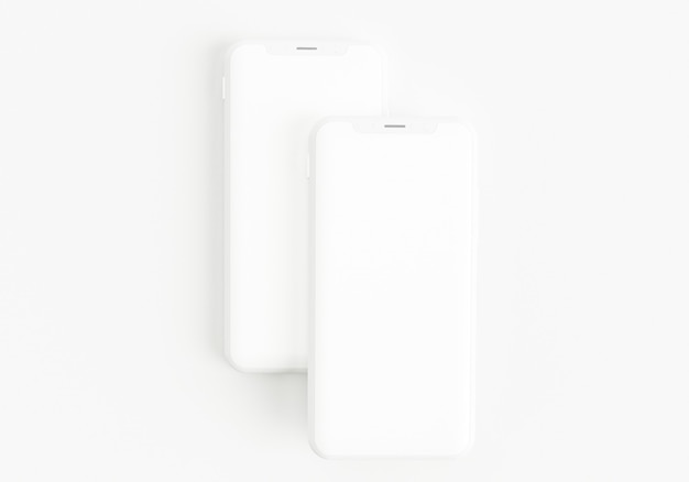 전체 화면과 현대적인 프레임이 적은 흰색 스마트폰을 들고 있는 3d 렌더링 그림 손