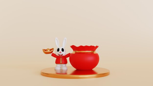 Photo 3d render illustration happy chinese new year 2023 year of the rabbit zodiac sign with asian element