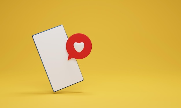 3D 렌더링 그림 노란색 배경에 빨간색 핀과 스마트폰에 심장 아이콘 소셜 미디어 개념