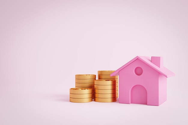 3d render illustration House and coins on a pink background