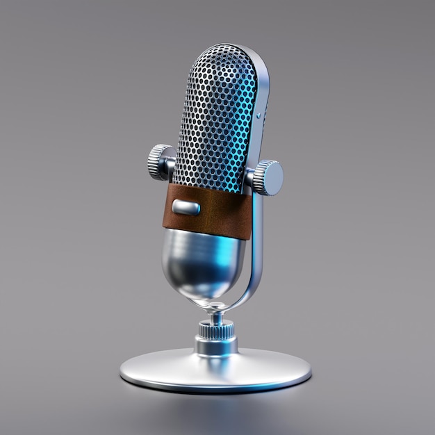 Photo 3d render illustration of metal retro microphone.