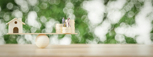 3d render illustration Miniature family on Coin stacks and house on a Natural background