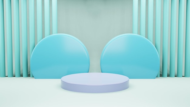 3D render illustration Mock up podium for product presentation pastel blue background arc with curtains Abstract composition in minimal design