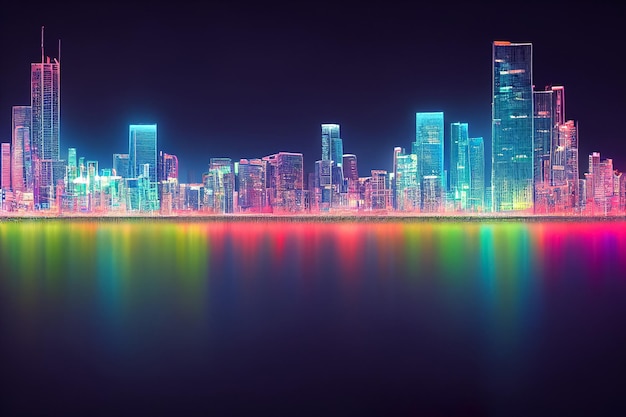 3d render illustration of night futuristic city with neon lignts and reflection on water