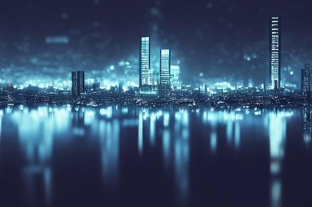 3D визуализация ночного футуристического города с неоновыми огнями и отражением в воде