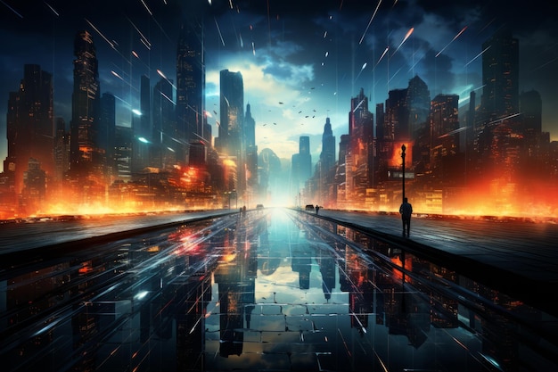 Photo 3d render illustration of night futuristic city with neon lignts and road