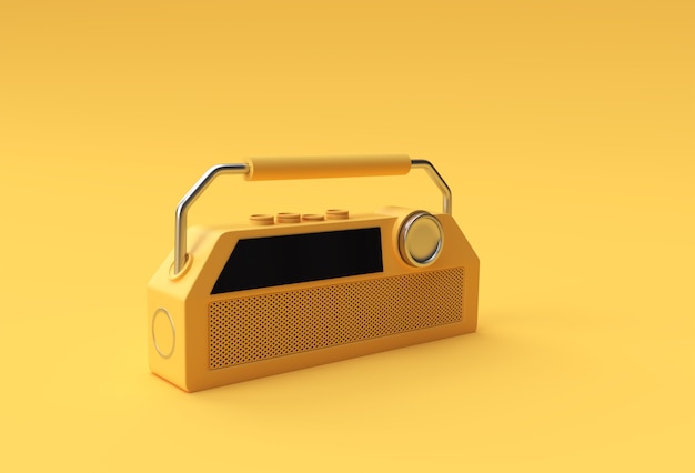사진 노란색 배경에 고립 된 오래 된 빈티지 복고 스타일 라디오 수신기의 3d 렌더링 그림.